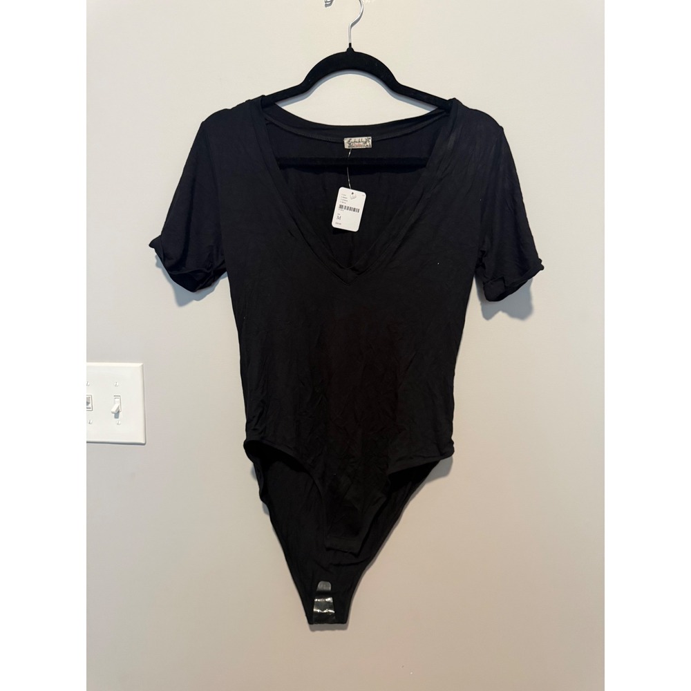 Intimately Free People Black V-Neck Short Sleeve Bodysuit FP200101 Medium NWT
